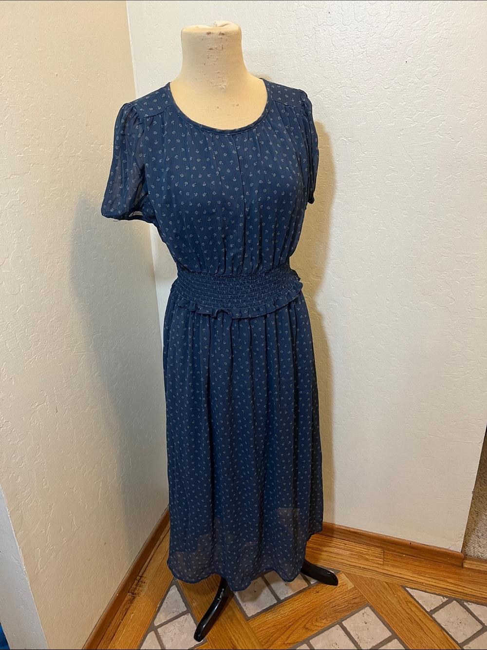 wild fable Navy Blue Short-Sleeve Smocked-Waist Midi Dress